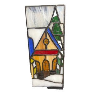 Vintage Studio Nova Winter House Stained Christmas Glass Candle Holder  8.5"